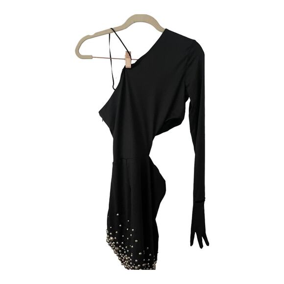 NBD Isla One Shoulder Mini Dress Cut Out Embellished Detachable Sleeve Black S - Picture 16 of 16